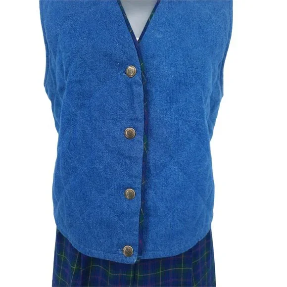 VTG 90s Koret City Blues Quilted Denim Metal Snap Vest Plaid Pants Set Size 8 - Picture 3 of 12